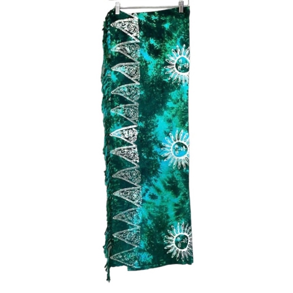 Vintage Turquoise Blue Green Sarong Pareo Wrap Coverup Travel Bohemian Hippie